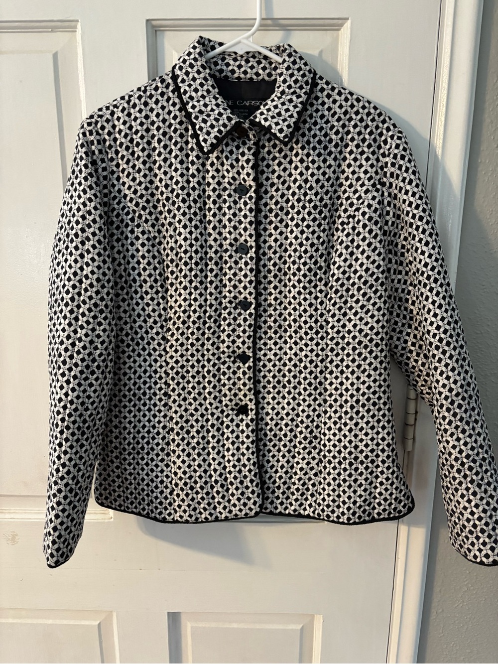 Anne Carson Women's Black White Geometric Silk Button Front Lined Jacket, L